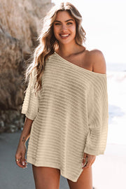 Apricot Textured Knit Drop Shoulder Tee - Fashion Queen -  1