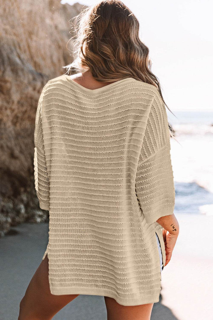 Apricot Textured Knit Drop Shoulder Tee - Fashion Queen -  2