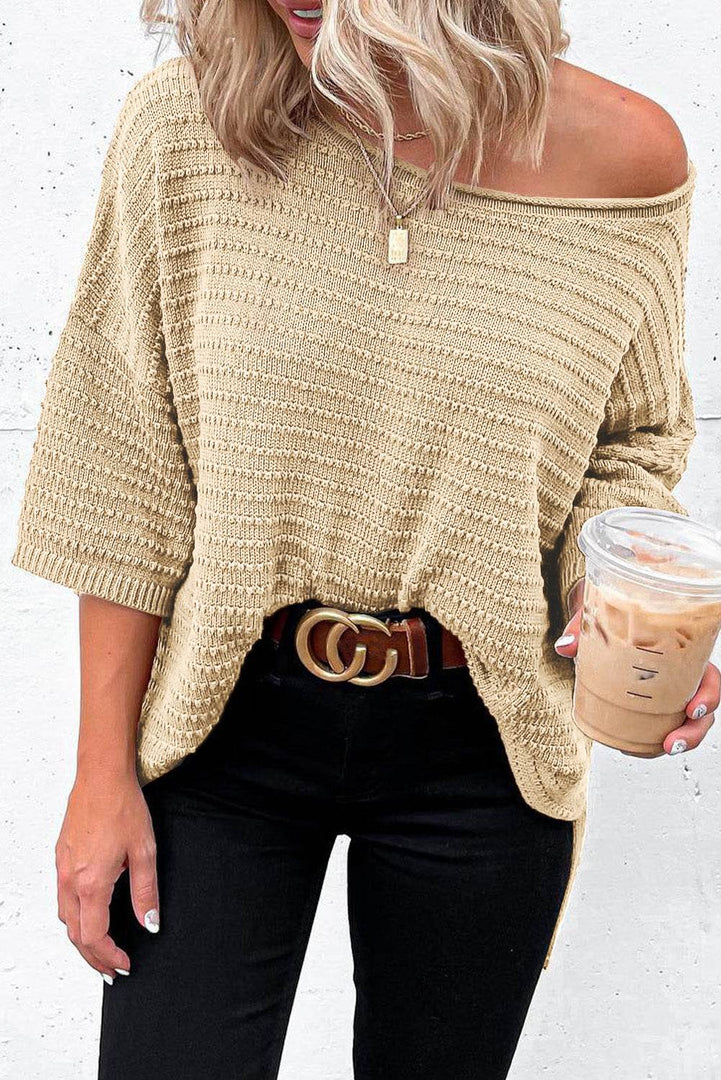 Apricot Textured Knit Drop Shoulder Tee - Fashion Queen -  6