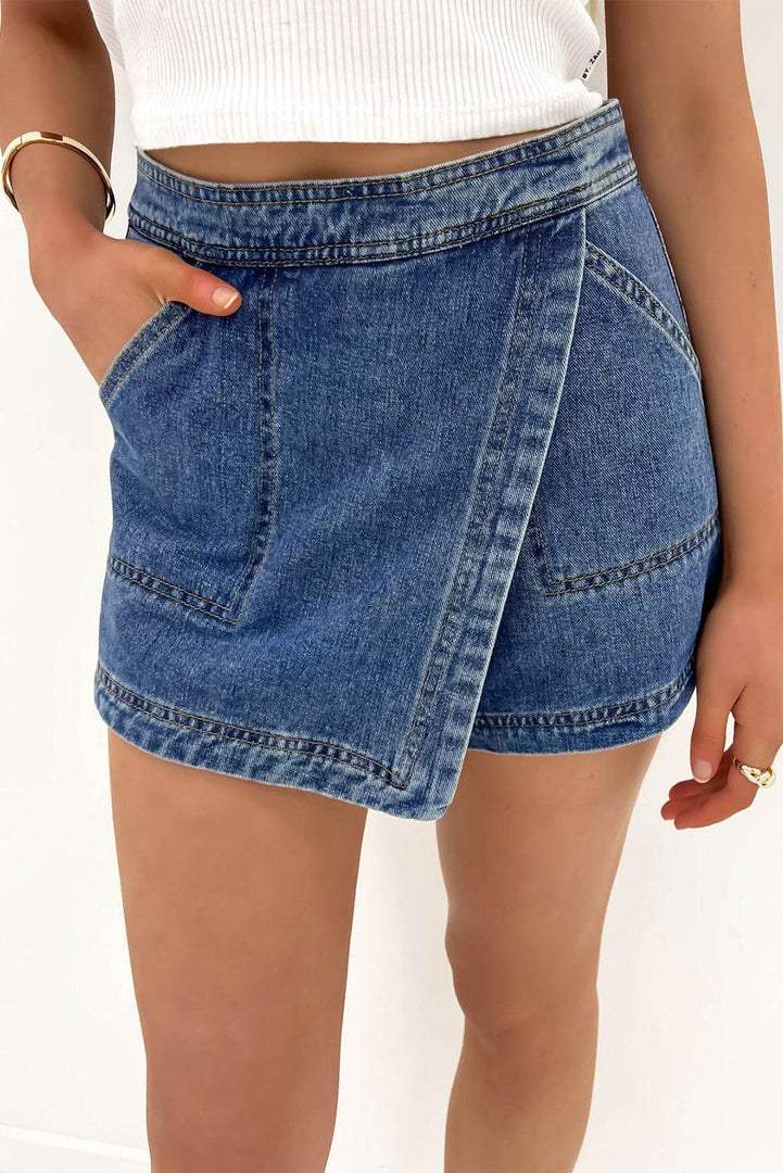Ashleigh Blue Faux Wrapped Mini Denim Skort - Fashion Queen -  1