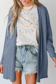 Ashleigh Blue Solid Color Rib Knit Open Front Tunic Cardigan - Fashion Queen -  1