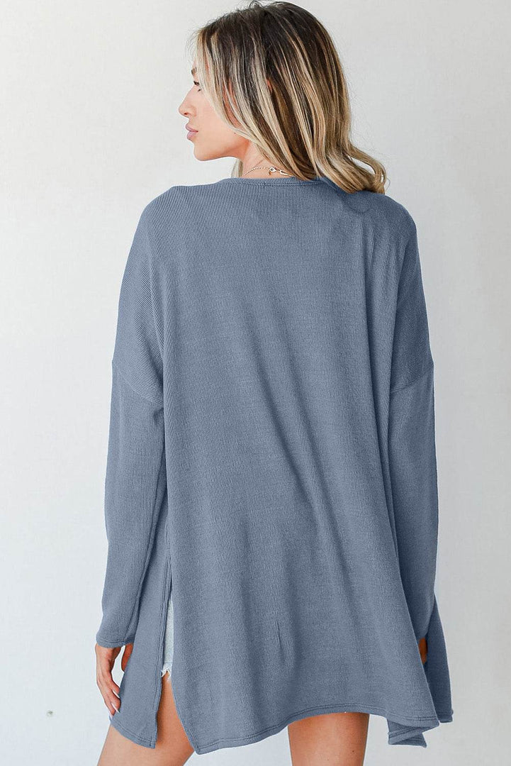 Ashleigh Blue Solid Color Rib Knit Open Front Tunic Cardigan - Fashion Queen -  2