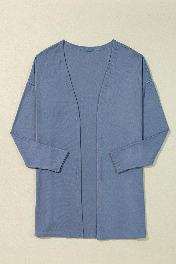 Ashleigh Blue Solid Color Rib Knit Open Front Tunic Cardigan - Fashion Queen -  6