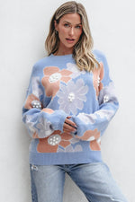 Load image into Gallery viewer, Beau Blue Floral O Neck Drop Shoulder Knitted Sweater - Fashion Queen -  1

