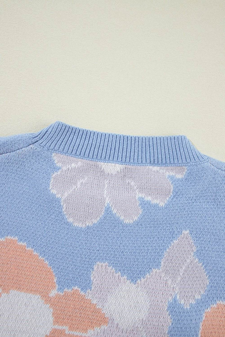 Beau Blue Floral O Neck Drop Shoulder Knitted Sweater - Fashion Queen -  10