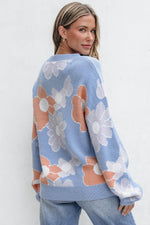Load image into Gallery viewer, Beau Blue Floral O Neck Drop Shoulder Knitted Sweater - Fashion Queen -  2
