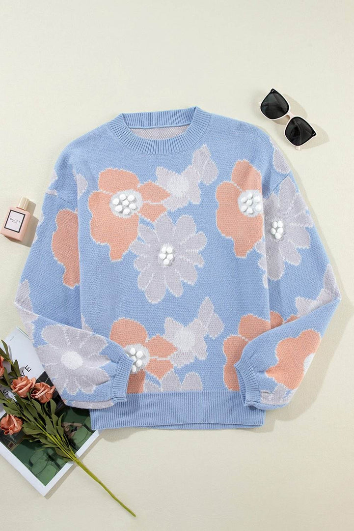 Beau Blue Floral O Neck Drop Shoulder Knitted Sweater - Fashion Queen -  7