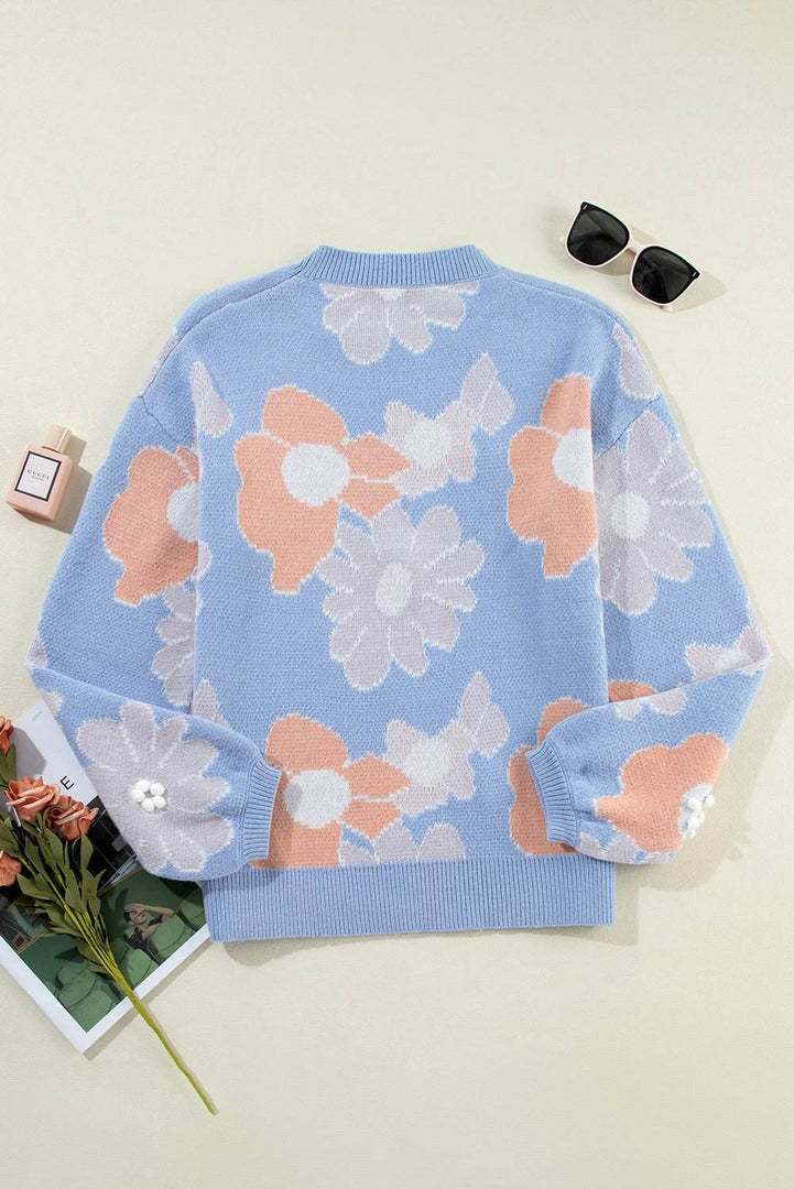 Beau Blue Floral O Neck Drop Shoulder Knitted Sweater - Fashion Queen -  8