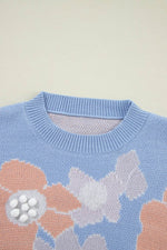 Load image into Gallery viewer, Beau Blue Floral O Neck Drop Shoulder Knitted Sweater - Fashion Queen -  9
