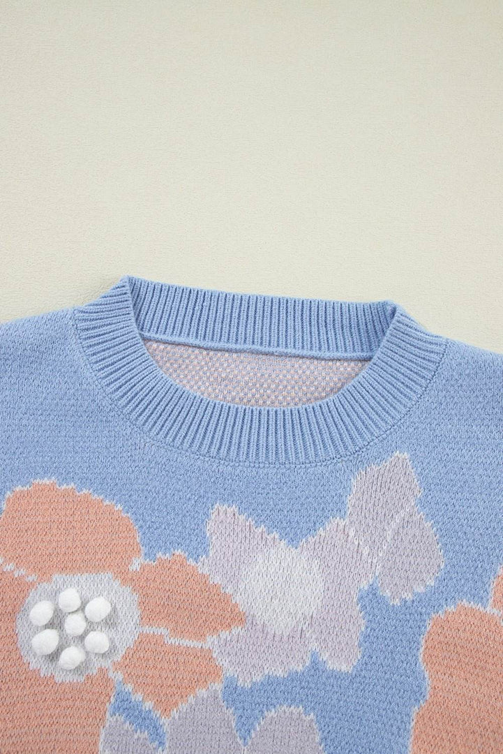 Beau Blue Floral O Neck Drop Shoulder Knitted Sweater - Fashion Queen -  9