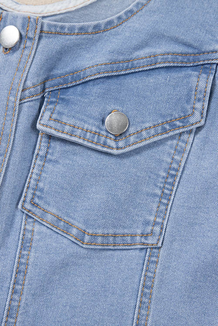 Beau Blue Light Wash Denim Buttoned Front Chest Pockets Sleeveless Slim Mini Dress - Fashion Queen -  10