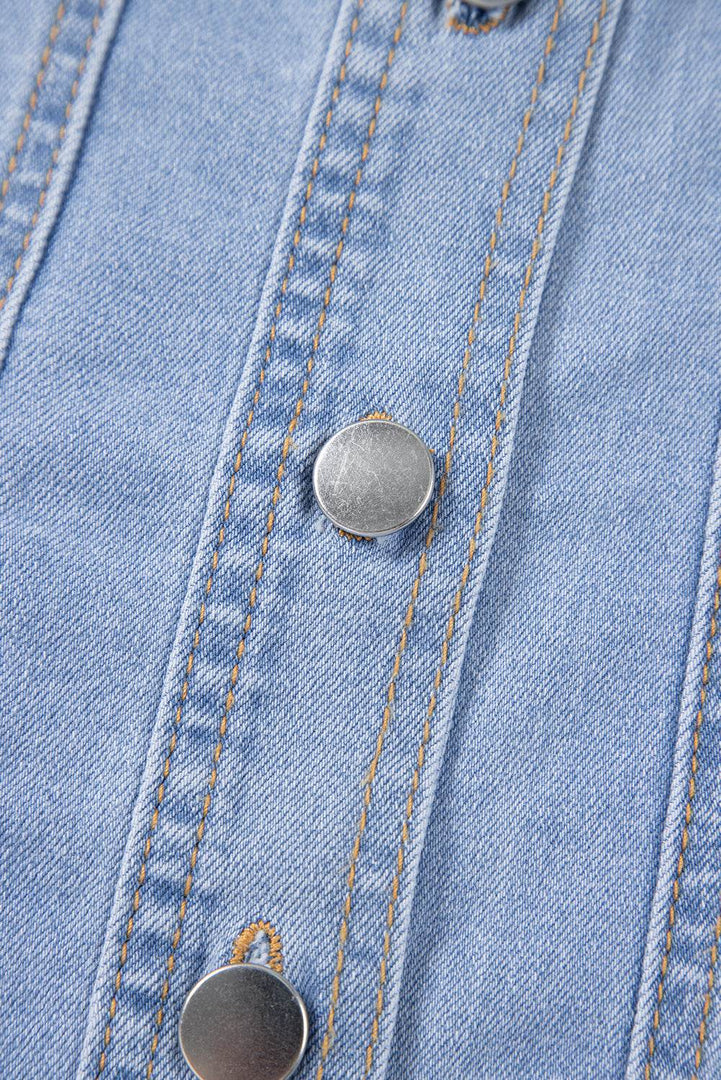 Beau Blue Light Wash Denim Buttoned Front Chest Pockets Sleeveless Slim Mini Dress - Fashion Queen -  11