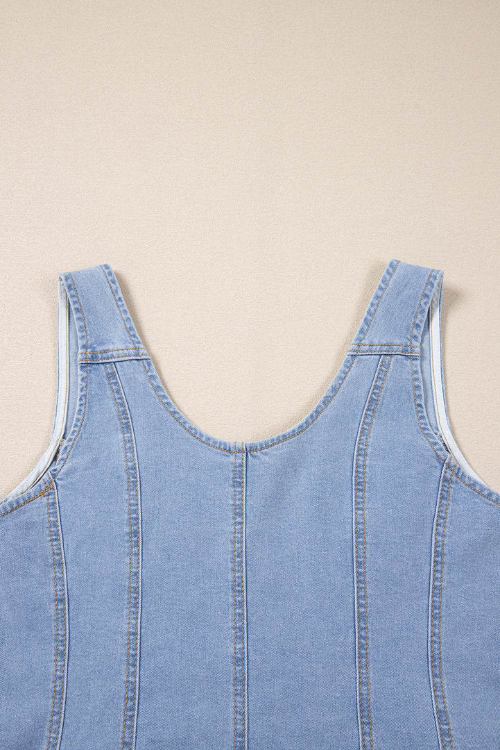 Beau Blue Light Wash Denim Buttoned Front Chest Pockets Sleeveless Slim Mini Dress - Fashion Queen -  12