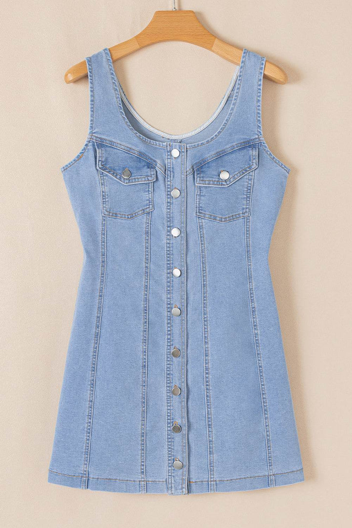 Beau Blue Light Wash Denim Buttoned Front Chest Pockets Sleeveless Slim Mini Dress - Fashion Queen -  5