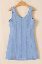 Load image into Gallery viewer, Beau Blue Light Wash Denim Buttoned Front Chest Pockets Sleeveless Slim Mini Dress - Fashion Queen -  6

