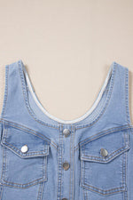 Load image into Gallery viewer, Beau Blue Light Wash Denim Buttoned Front Chest Pockets Sleeveless Slim Mini Dress - Fashion Queen -  7
