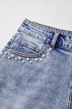 Load image into Gallery viewer, Beau Blue Pearl Studded Pockets Raw Hem Denim Shorts - Fashion Queen -  10
