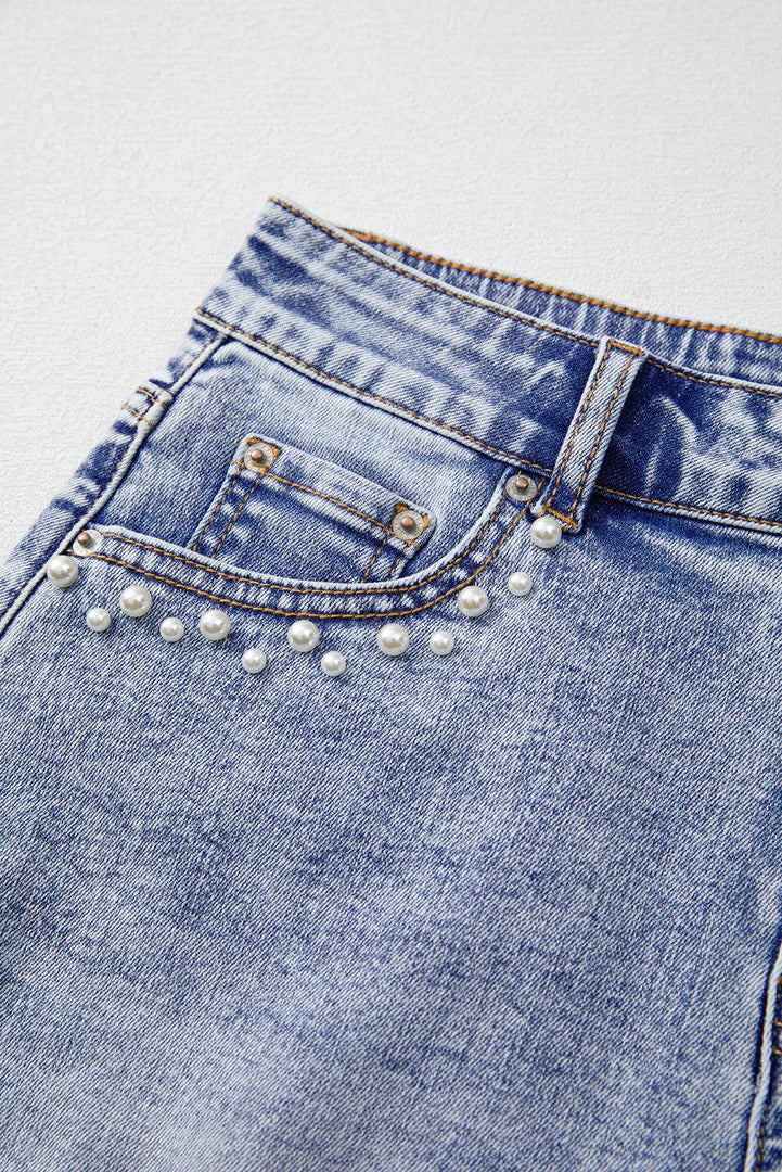 Beau Blue Pearl Studded Pockets Raw Hem Denim Shorts - Fashion Queen -  10