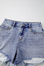 Load image into Gallery viewer, Beau Blue Pearl Studded Pockets Raw Hem Denim Shorts - Fashion Queen -  11
