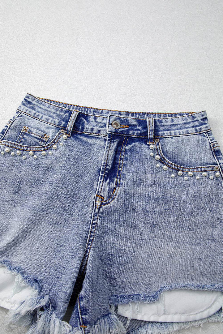 Beau Blue Pearl Studded Pockets Raw Hem Denim Shorts - Fashion Queen -  11