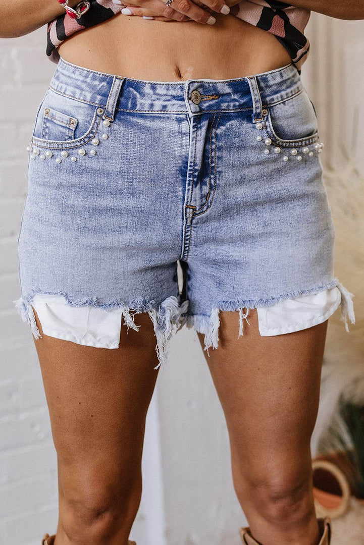 Beau Blue Pearl Studded Pockets Raw Hem Denim Shorts - Fashion Queen -  12