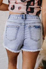 Load image into Gallery viewer, Beau Blue Pearl Studded Pockets Raw Hem Denim Shorts - Fashion Queen -  14
