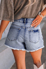Load image into Gallery viewer, Beau Blue Pearl Studded Pockets Raw Hem Denim Shorts - Fashion Queen -  2
