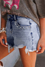 Load image into Gallery viewer, Beau Blue Pearl Studded Pockets Raw Hem Denim Shorts - Fashion Queen -  3

