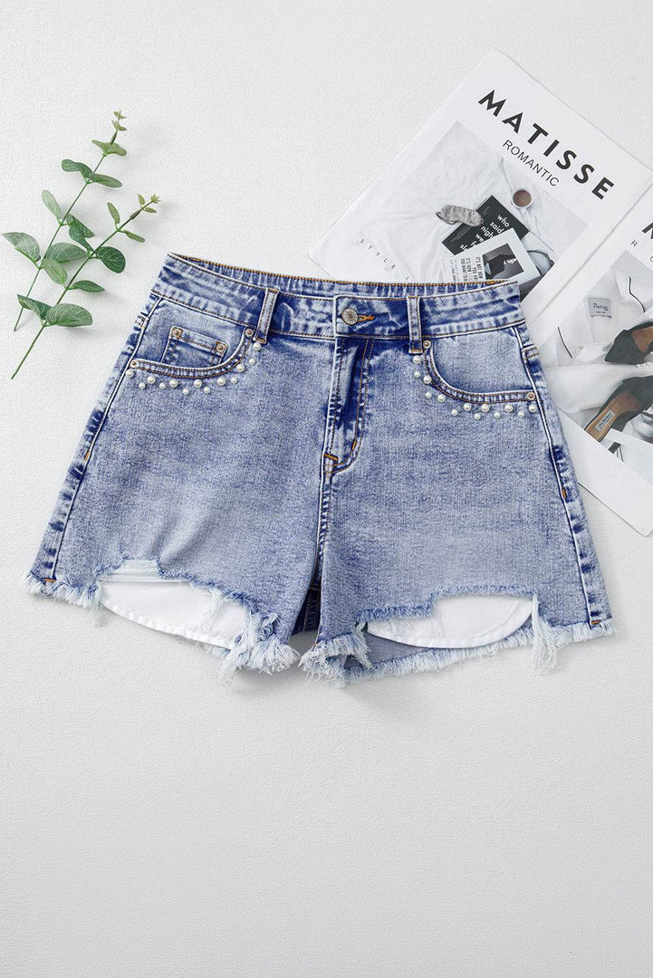 Beau Blue Pearl Studded Pockets Raw Hem Denim Shorts - Fashion Queen -  4
