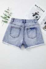 Load image into Gallery viewer, Beau Blue Pearl Studded Pockets Raw Hem Denim Shorts - Fashion Queen -  5
