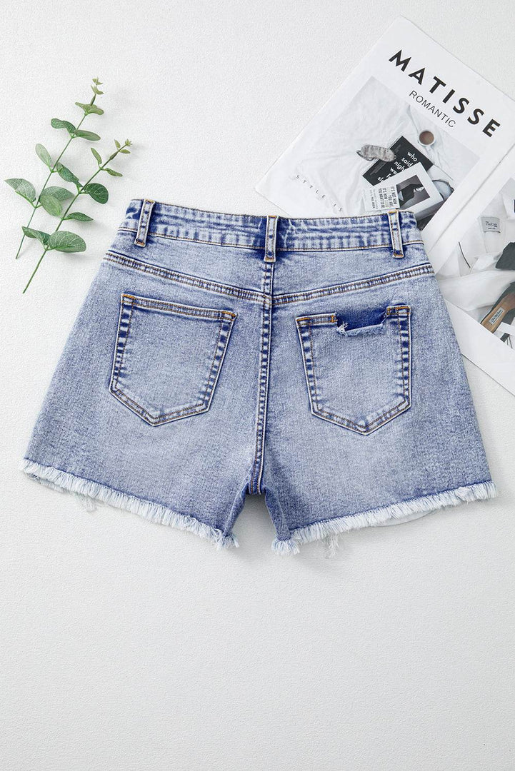 Beau Blue Pearl Studded Pockets Raw Hem Denim Shorts - Fashion Queen -  5