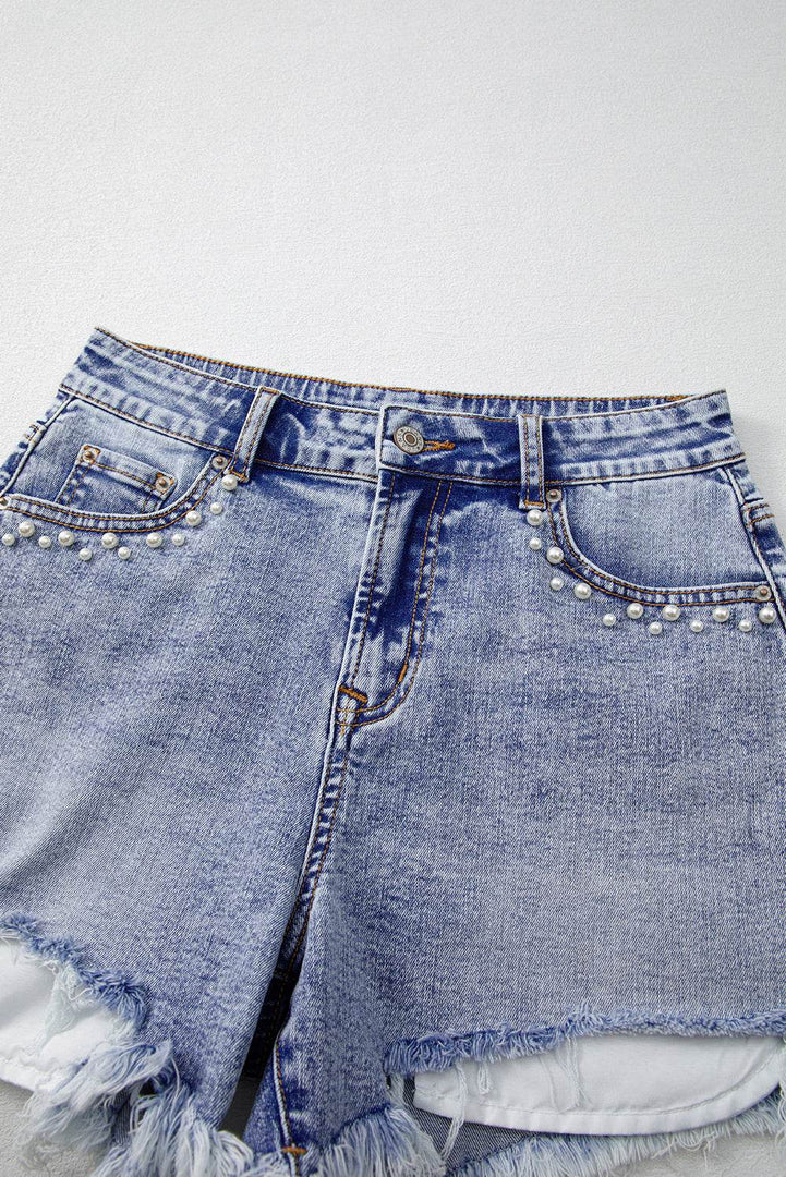 Beau Blue Pearl Studded Pockets Raw Hem Denim Shorts - Fashion Queen -  7
