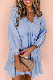 Beau Blue Puff Sleeve V Neck Tiered Ruffled Chambray Mini Dress - Fashion Queen -  1