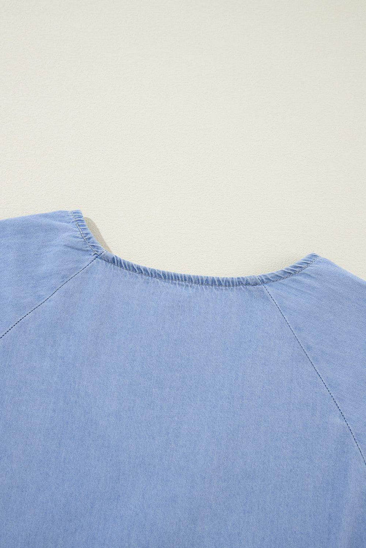 Beau Blue Puff Sleeve V Neck Tiered Ruffled Chambray Mini Dress - Fashion Queen -  10