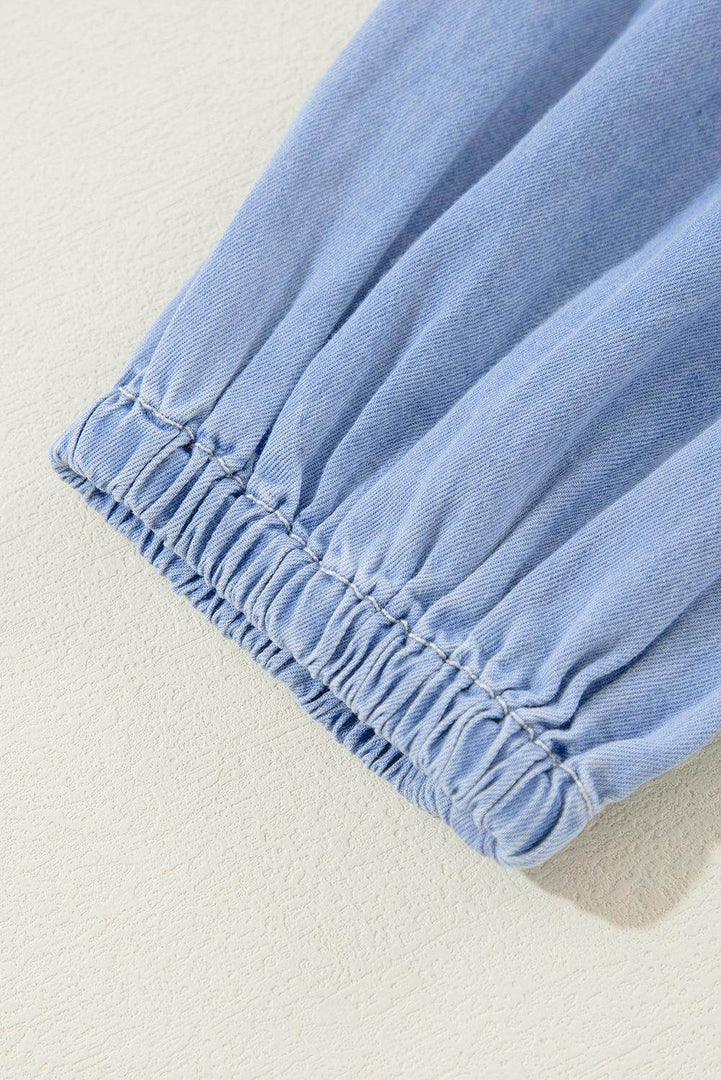 Beau Blue Puff Sleeve V Neck Tiered Ruffled Chambray Mini Dress - Fashion Queen -  11
