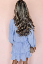 Load image into Gallery viewer, Beau Blue Puff Sleeve V Neck Tiered Ruffled Chambray Mini Dress - Fashion Queen -  2
