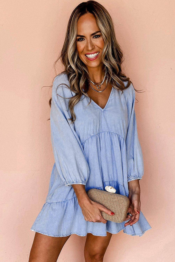 Beau Blue Puff Sleeve V Neck Tiered Ruffled Chambray Mini Dress - Fashion Queen -  3
