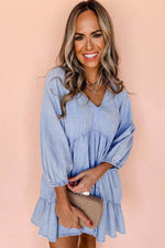 Load image into Gallery viewer, Beau Blue Puff Sleeve V Neck Tiered Ruffled Chambray Mini Dress - Fashion Queen -  6
