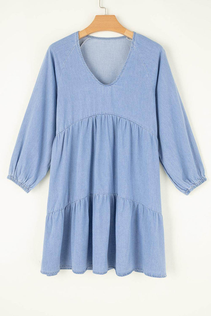 Beau Blue Puff Sleeve V Neck Tiered Ruffled Chambray Mini Dress - Fashion Queen -  7