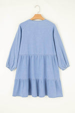 Load image into Gallery viewer, Beau Blue Puff Sleeve V Neck Tiered Ruffled Chambray Mini Dress - Fashion Queen -  8
