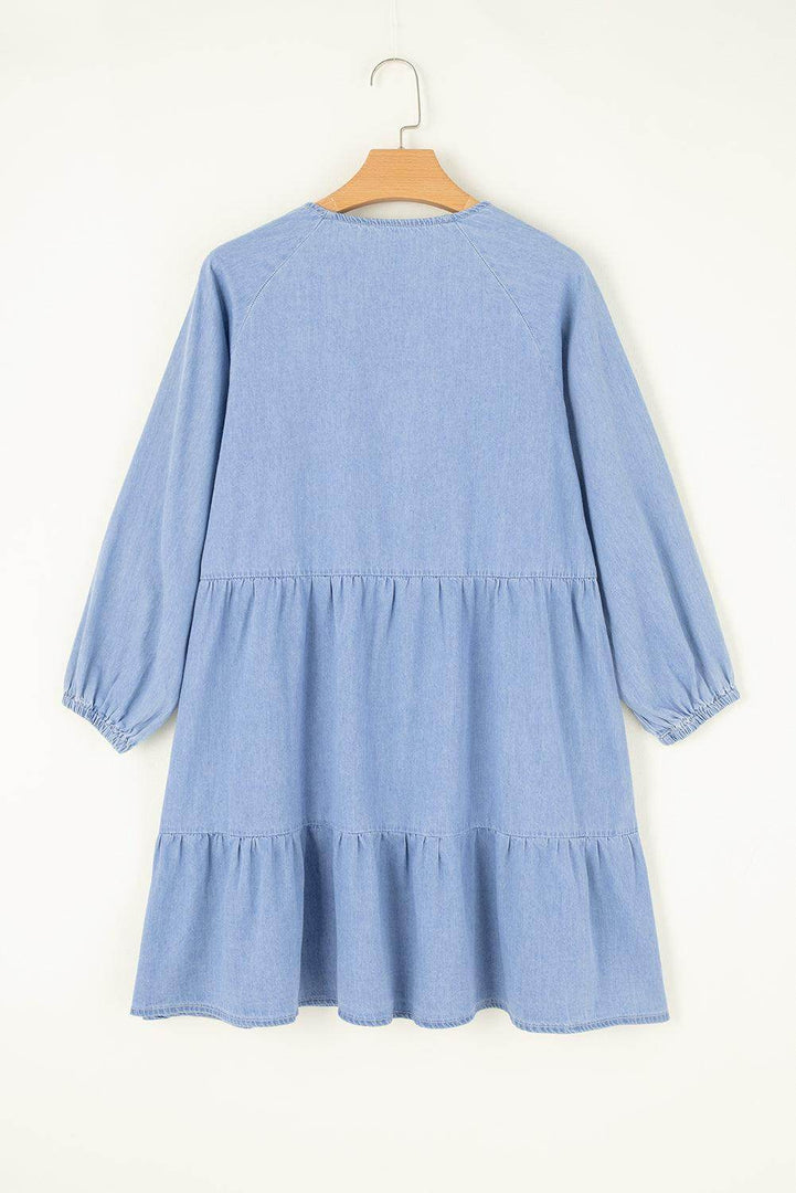 Beau Blue Puff Sleeve V Neck Tiered Ruffled Chambray Mini Dress - Fashion Queen -  8