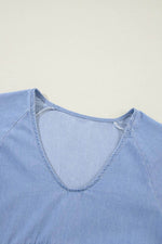 Load image into Gallery viewer, Beau Blue Puff Sleeve V Neck Tiered Ruffled Chambray Mini Dress - Fashion Queen -  9
