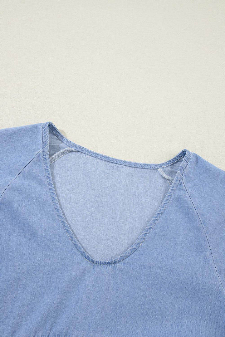 Beau Blue Puff Sleeve V Neck Tiered Ruffled Chambray Mini Dress - Fashion Queen -  9