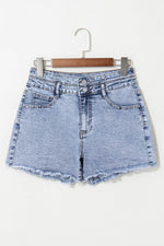 Load image into Gallery viewer, Beau Blue Rhinestone Light Wash Raw Hem High Waist Denim Shorts - Fashion Queen -  12
