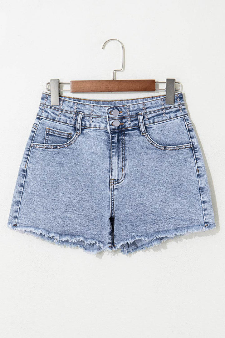 Beau Blue Rhinestone Light Wash Raw Hem High Waist Denim Shorts - Fashion Queen -  12