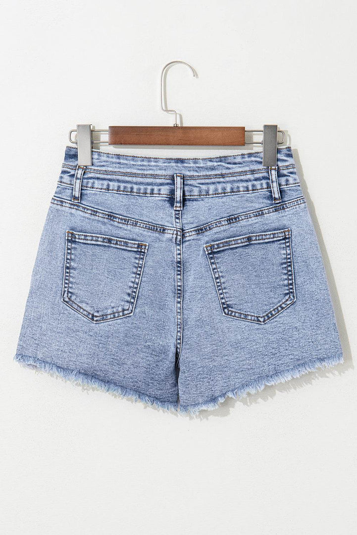 Beau Blue Rhinestone Light Wash Raw Hem High Waist Denim Shorts - Fashion Queen -  13