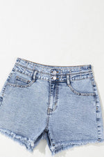 Load image into Gallery viewer, Beau Blue Rhinestone Light Wash Raw Hem High Waist Denim Shorts - Fashion Queen -  14
