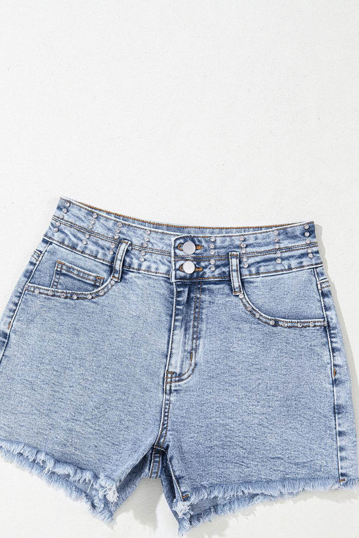 Beau Blue Rhinestone Light Wash Raw Hem High Waist Denim Shorts - Fashion Queen -  14