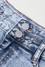 Load image into Gallery viewer, Beau Blue Rhinestone Light Wash Raw Hem High Waist Denim Shorts - Fashion Queen -  16
