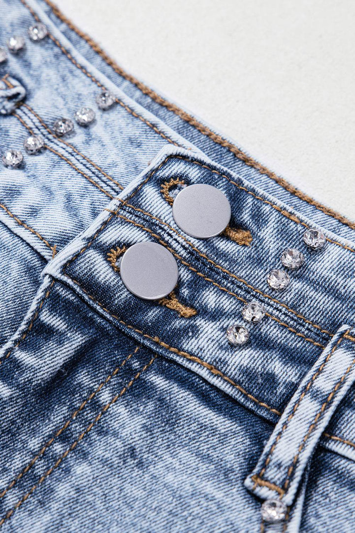 Beau Blue Rhinestone Light Wash Raw Hem High Waist Denim Shorts - Fashion Queen -  16